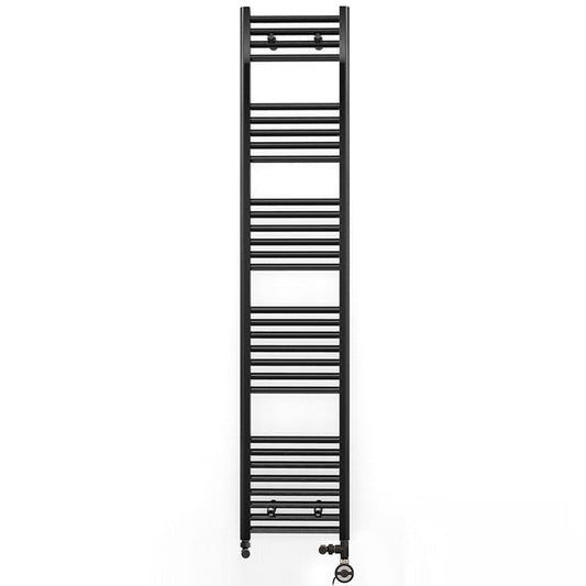 Dual Fuel 400 x 1700mm Straight Matt Black Heated Towel Rail - (incl. Valves + Electric Heating Kit)