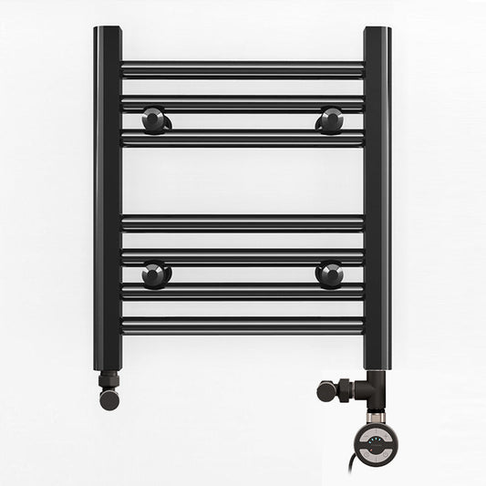 Dual Fuel 350 x 400mm Straight Matt Black Heated Towel Rail - (incl. Valves + Electric Heating Kit)