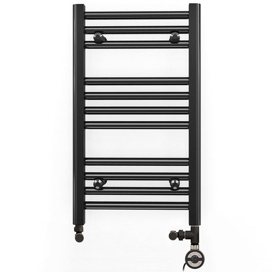 Dual Fuel 400 x 600mm Straight Matt Black Heated Towel Rail - (incl. Valves + Electric Heating Kit)