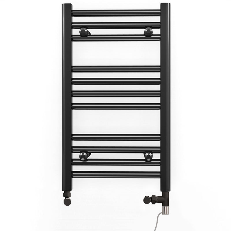 Dual Fuel 300 x 600mm Straight Matt Black Heated Towel Rail incl. Valves Electric Heating Kit
