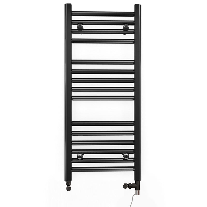 Dual Fuel 450 x 800mm Straight Matt Black Heated Towel Rail - (incl. Valves + Electric Heating Kit)