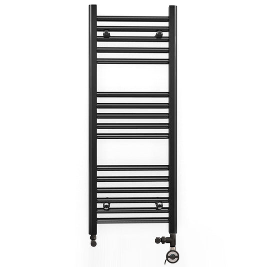 Dual Fuel 400 x 900mm Straight Matt Black Heated Towel Rail - (incl. Valves + Electric Heating Kit)