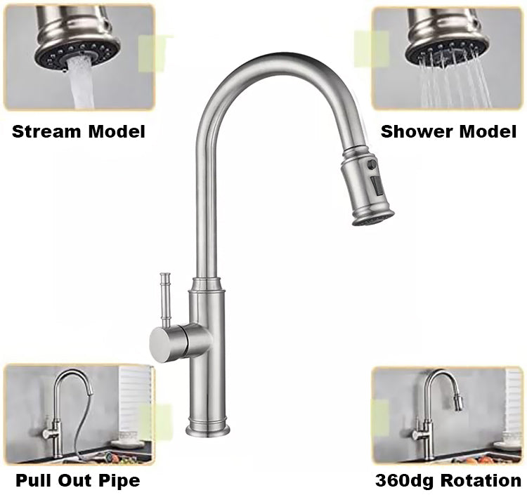 Stainless Kitchen Faucet 360 Flexible Pull Out Hose Dual Spray Chrome Tap Mixer Model KPY-38216