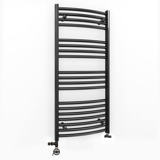 Dual Fuel 450 x 1000mm Matt Black Curved Heated Towel Rail - (incl. Valves + Electric Heating Kit)