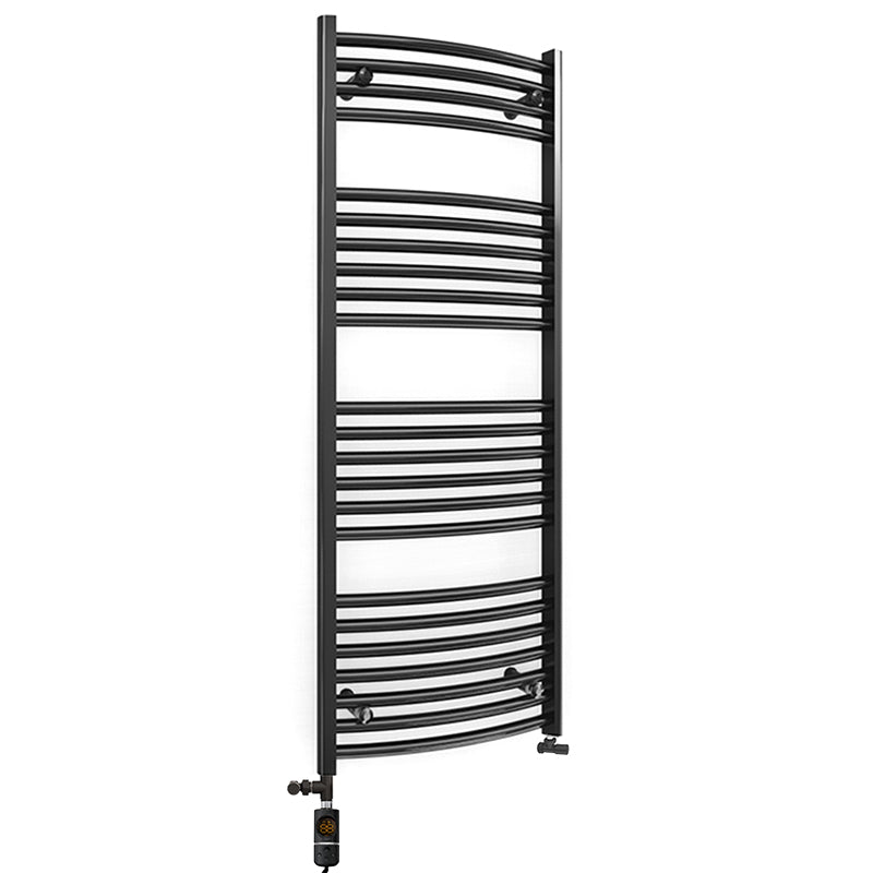 Dual Fuel 450 x 1200mm Matt Black Curved Heated Towel Rail - (incl. Valves + Electric Heating Kit)