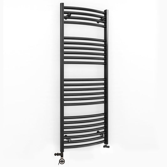 Dual Fuel 450 x 1200mm Matt Black Curved Heated Towel Rail - (incl. Valves + Electric Heating Kit)