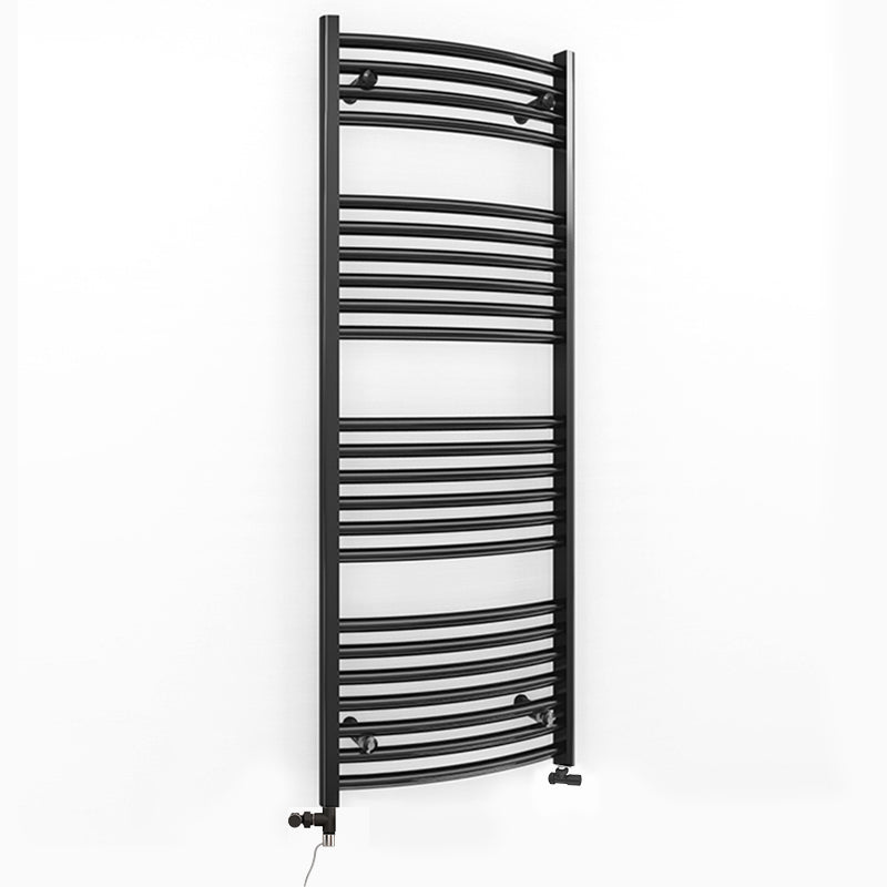 Dual Fuel 450 x 1200mm Matt Black Curved Heated Towel Rail - (incl. Valves + Electric Heating Kit)