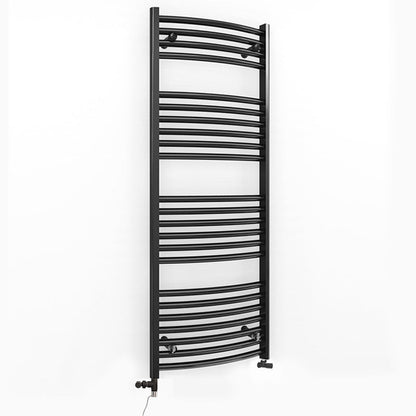 Dual Fuel 450 x 1200mm Matt Black Curved Heated Towel Rail - (incl. Valves + Electric Heating Kit)