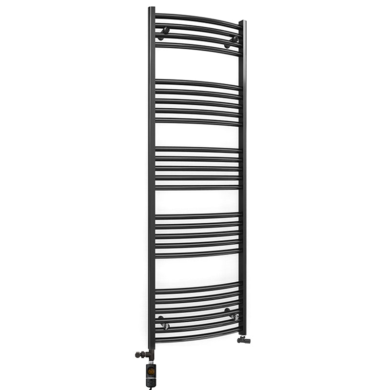  Dual Fuel 400 x 1400mm Matt Black Curved Heated Towel Rail - (incl. Valves + Electric Heating Kit)