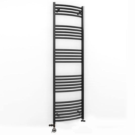 Dual Fuel 450 x 1600mm Matt Black Curved Heated Towel Rail - (incl. Valves + Electric Heating Kit)