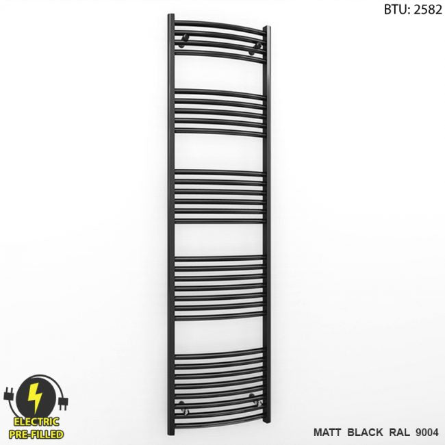  450mm Wide - 1700mm High Curved Black Electric Heated Towel Rail Radiator