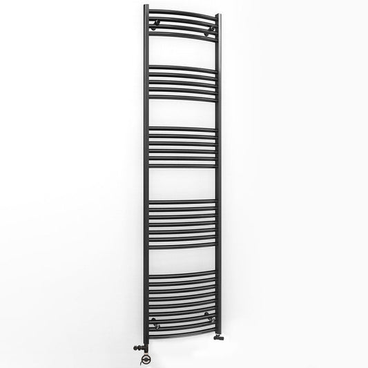 Dual Fuel 400 x 1800mm Matt Black Curved Heated Towel Rail - (incl. Valves + Electric Heating Kit)