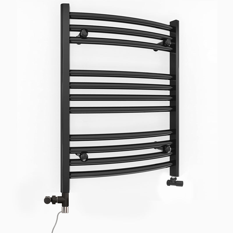 Dual Fuel 450 x 600mm Matt Black Curved Heated Towel Rail incl. Valves Electric Heating Kit
