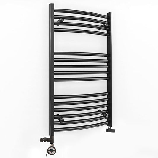 Dual Fuel 450 x 800mm Matt Black Curved Heated Towel Rail - (incl. Valves + Electric Heating Kit)