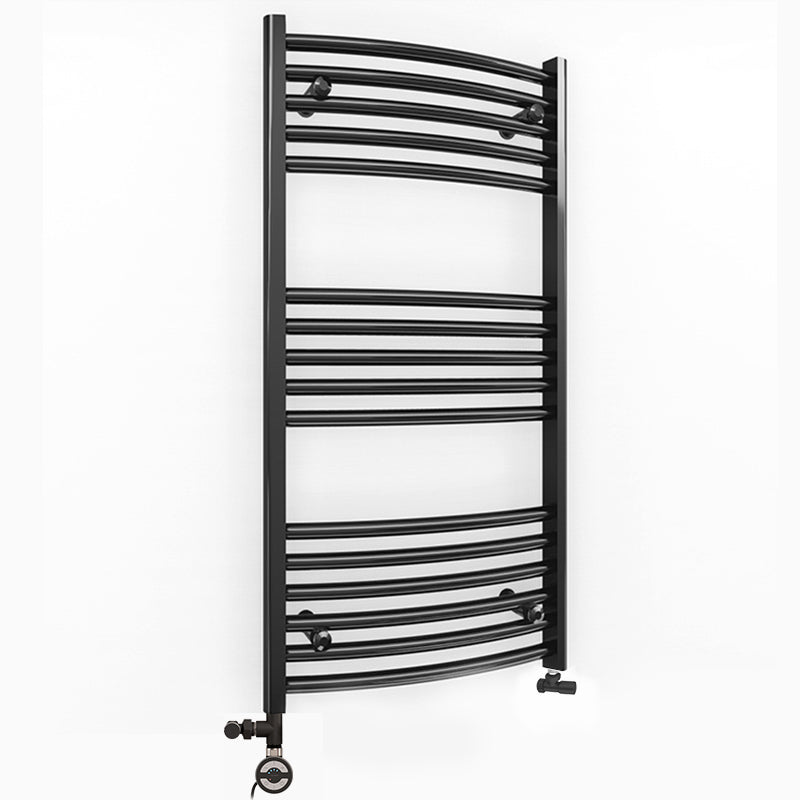 Dual Fuel 400 x 900mm Matt Black Curved Heated Towel Rail - (incl. Valves + Electric Heating Kit)