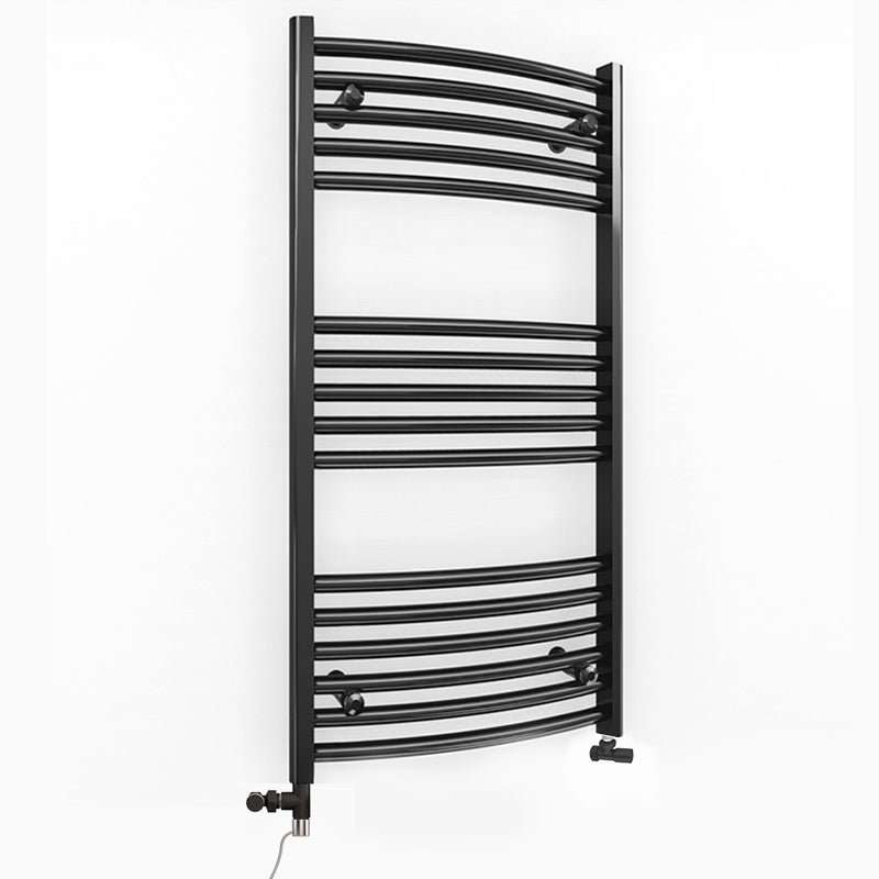 Dual Fuel 400 x 900mm Matt Black Curved Heated Towel Rail - (incl. Valves + Electric Heating Kit)