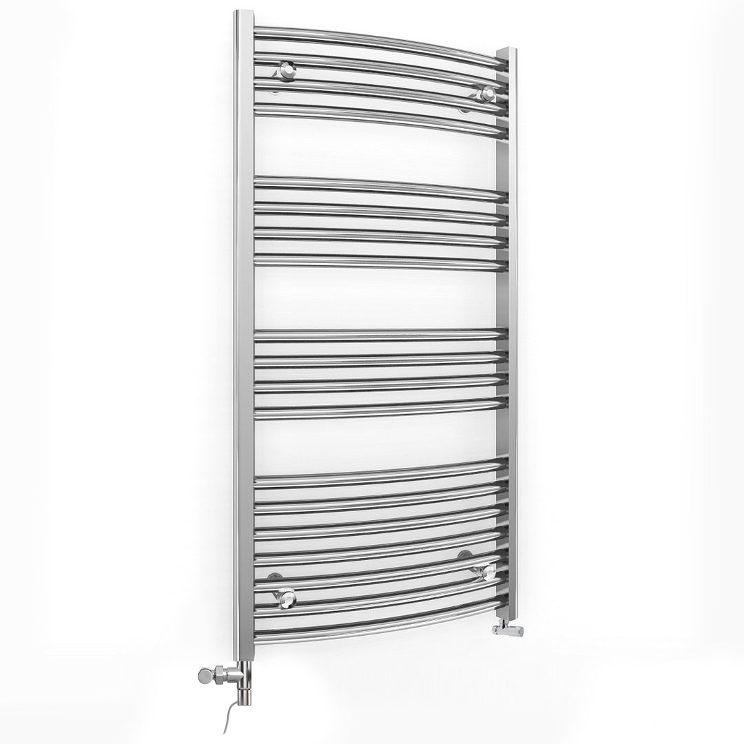 Dual Fuel 600 x 1000mm Curved Chrome Heated Towel Rail Radiator- (incl. Valves + Electric Heating Kit)