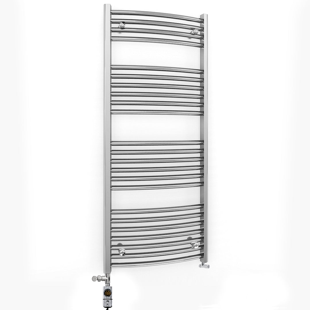 Dual Fuel 550 x 1200mm Curved Chrome Heated Towel Rail Radiator incl. Valves Electric Heating Kit