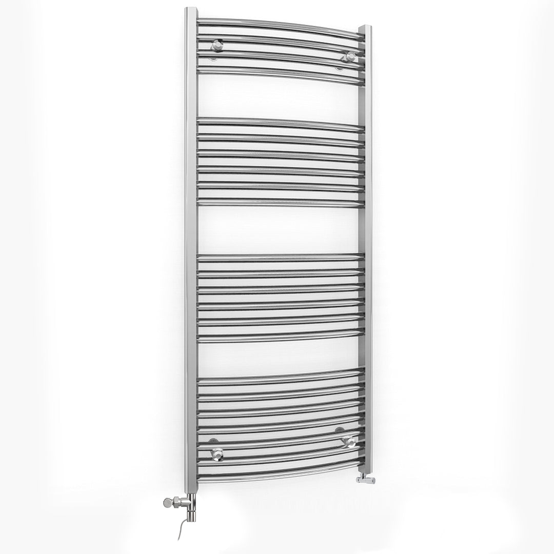 Dual Fuel 400 x 1200mm Curved Chrome Heated Towel Rail Radiator-  Valves Electric Heating Kit)