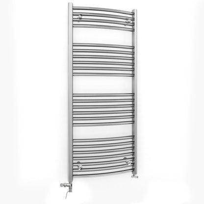 Dual Fuel 550 x 1200mm Curved Chrome Heated Towel Rail Radiator- (incl. Valves + Electric Heating Kit)