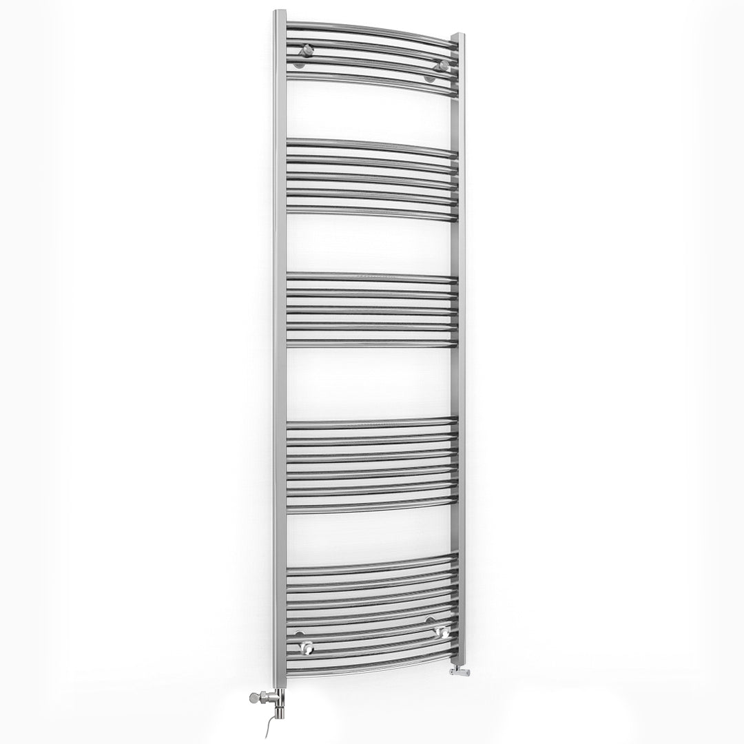 Dual Fuel 400 x 1600mm Curved Chrome Heated Towel Rail Radiator- (incl. Valves + Electric Heating Kit)