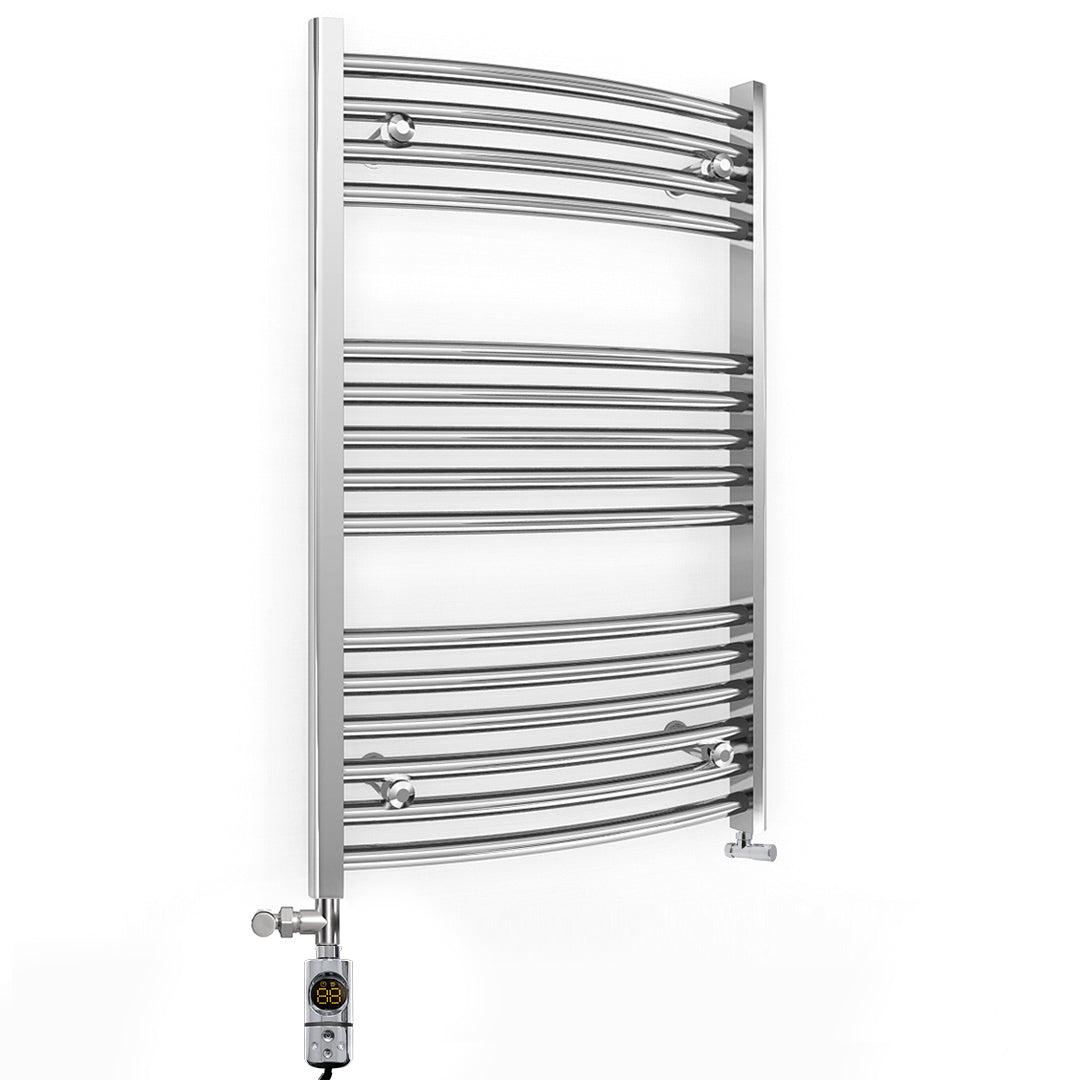 Dual Fuel 400 x 800mm Curved Chrome Heated Towel Rail Radiator- (incl. Valves + Electric Heating Kit)