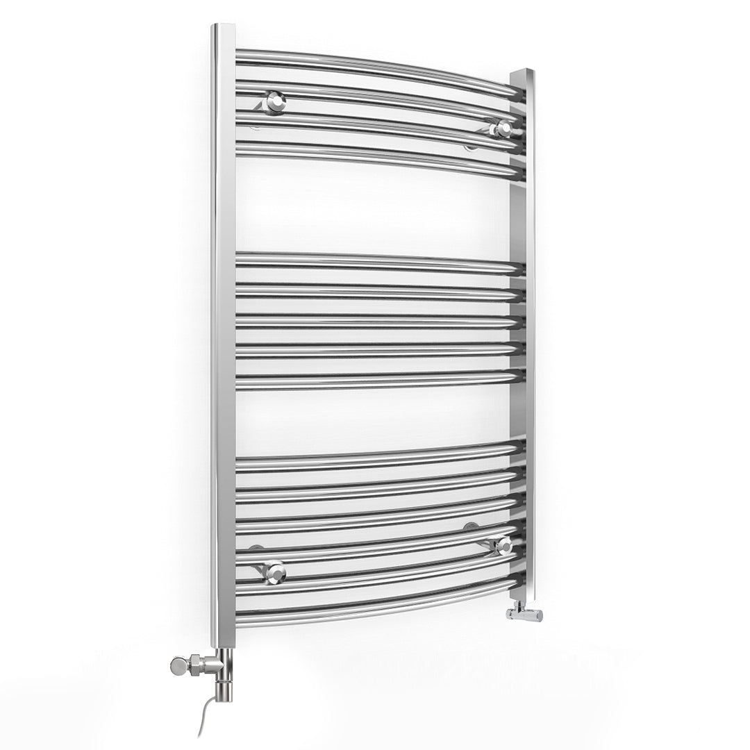 Dual Fuel 400 x 800mm Curved Chrome Heated Towel Rail Radiator- (incl. Valves + Electric Heating Kit)