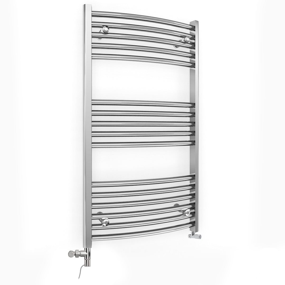 Dual Fuel 500 x 900mm Curved Chrome Heated Towel Rail Radiator incl. Valves Electric Heating Kit