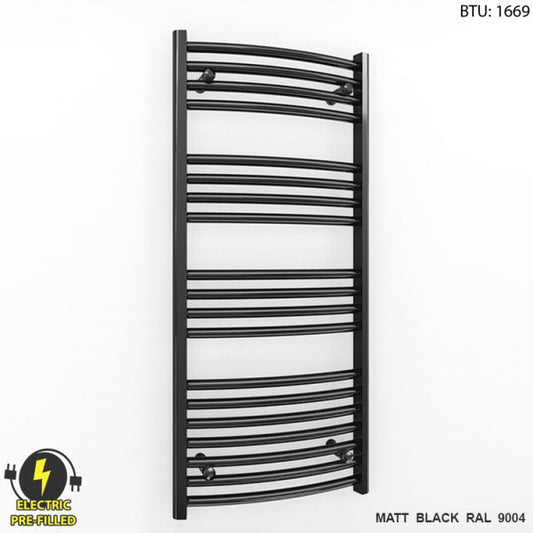 500mm Wide - 1000mm High Curved Black Electric Heated Towel Rail Radiator 
