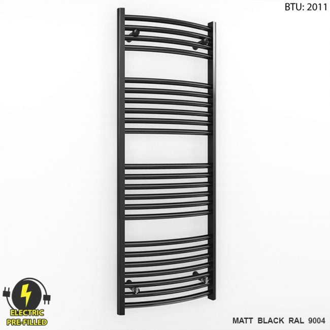  500mm Wide - 1200mm High Curved Black Electric Heated Towel Rail Radiator