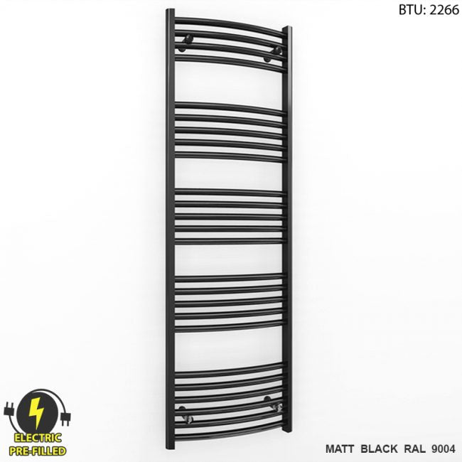  500mm Wide - 1400mm High Curved Black Electric Heated Towel Rail Radiator