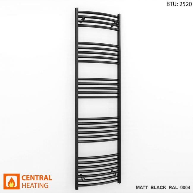  500mm Wide - 1600mm High Curved  Black Heated Towel Rail Radiator