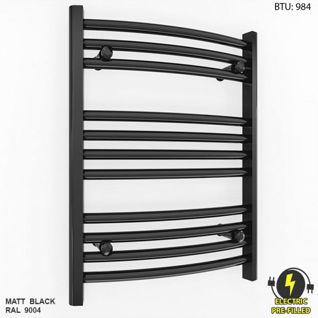  500mm Wide - 600mm High Curved Black Electric Heated Towel Rail Radiator