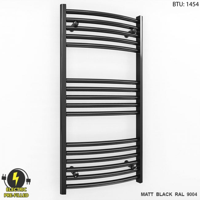  500mm Wide - 900mm High Curved Black Electric Heated Towel Rail Radiator