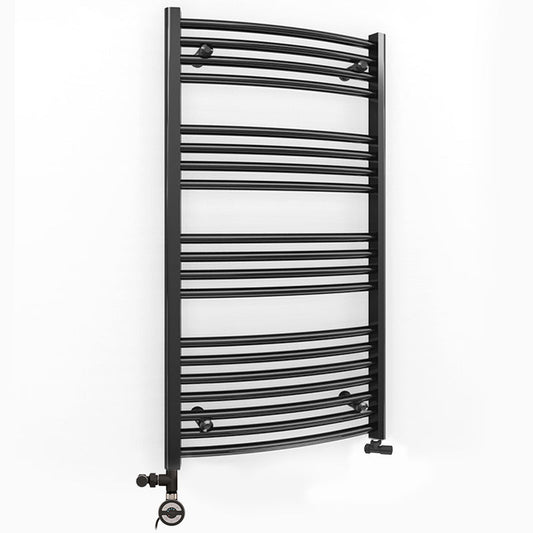 Dual Fuel 500 x 1000mm Matt Black Curved Heated Towel Rail - (incl. Valves + Electric Heating Kit)