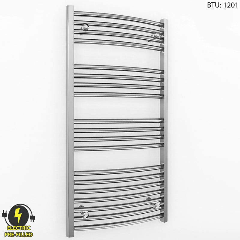 500mm Wide - 1000mm High Curved Chrome Electric Heated Towel Rail Radiator