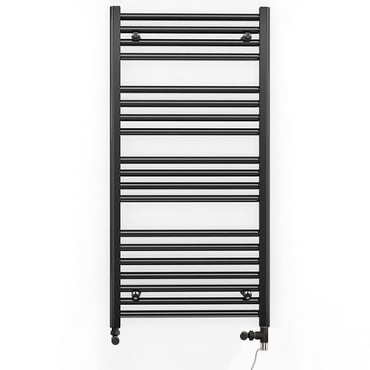  Dual Fuel 600 x 1000mm Straight Matt Black Heated Towel Rail - (incl. Valves + Electric Heating Kit) 