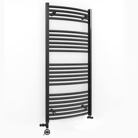 Dual Fuel 500 x 1200mm Matt Black Curved Heated Towel Rail - (incl. Valves + Electric Heating Kit)