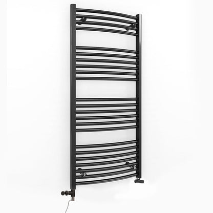  Dual Fuel 500 x 1200mm Matt Black Curved Heated Towel Rail - (incl. Valves + Electric Heating Kit) 