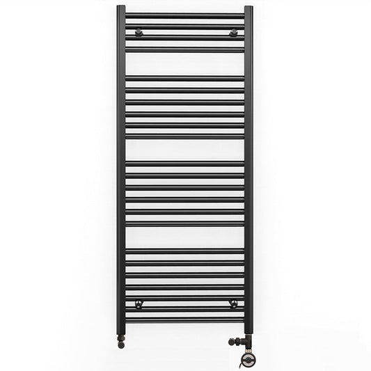Dual Fuel 500 x 1200mm Straight Matt Black Heated Towel Rail - (incl. Valves + Electric Heating Kit) 