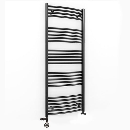 Dual Fuel 500 x 1400mm Matt Black Curved Heated Towel Rail - (incl. Valves + Electric Heating Kit) 