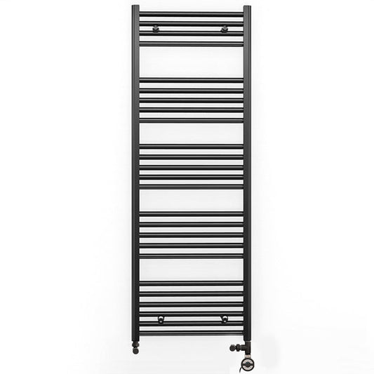 Dual Fuel 500 x 1400mm Straight Matt Black Heated Towel Rail - (incl. Valves + Electric Heating Kit) 