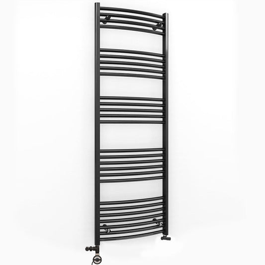 Dual Fuel 500 x 1600mm Matt Black Curved Heated Towel Rail - (incl. Valves + Electric Heating Kit) 
