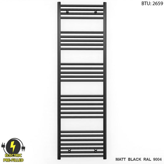 550mm Wide - 1600mm High Flat Black Electric Heated Towel Rail Radiator