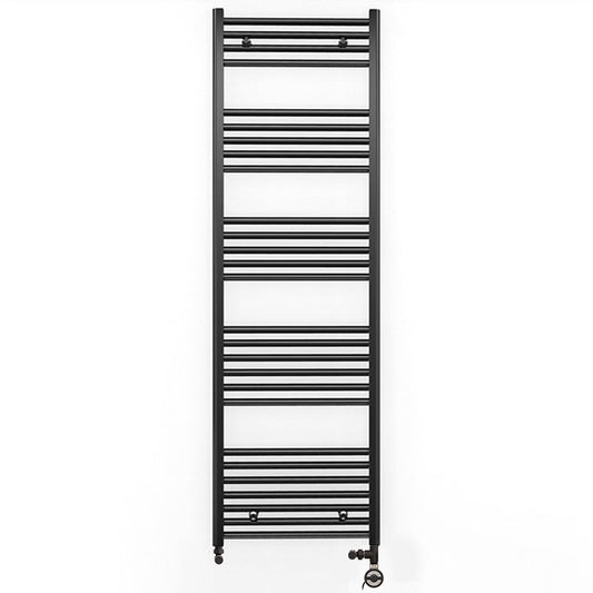 Dual Fuel 600 x 1600mm Straight Matt Black Heated Towel Rail - (incl. Valves + Electric Heating Kit) 