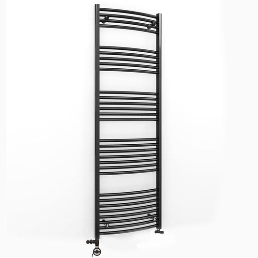 Dual Fuel 500 x 1700mm Matt Black Curved Heated Towel Rail - (incl. Valves + Electric Heating Kit) 