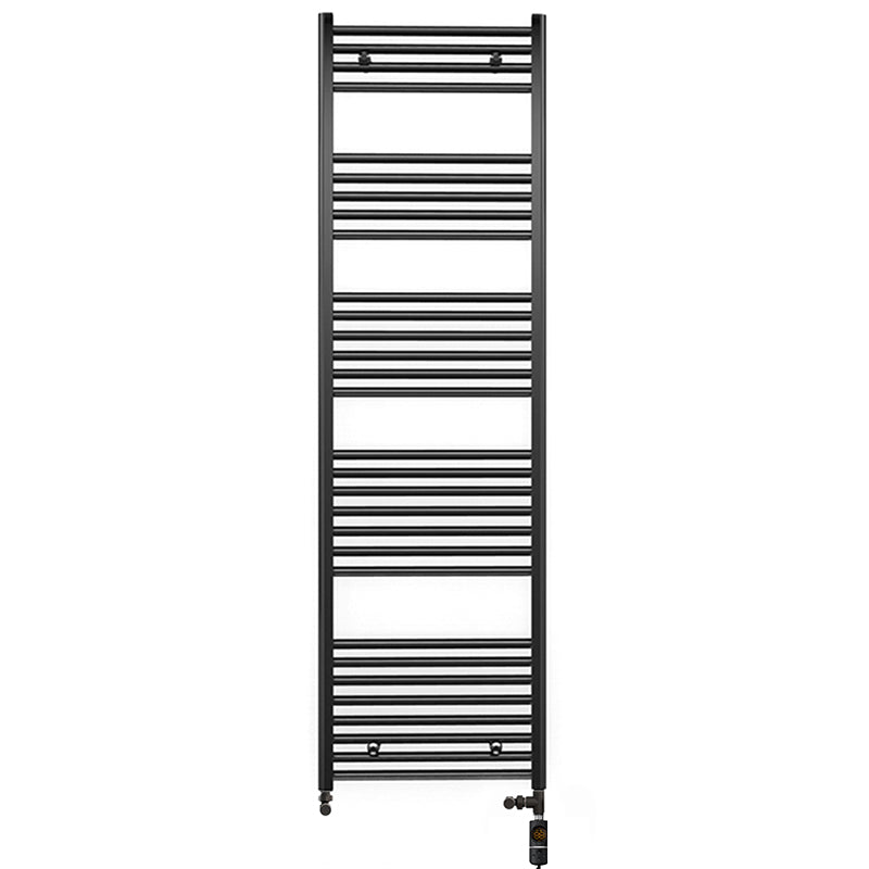  Dual Fuel 600 x 1700mm Straight Matt Black Heated Towel Rail - (incl. Valves + Electric Heating Kit)