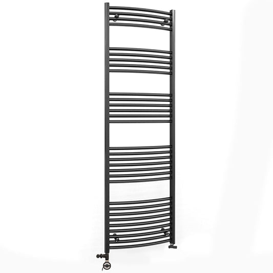 Dual Fuel 500 x 1800mm Matt Black Curved Heated Towel Rail - (incl. Valves + Electric Heating Kit)