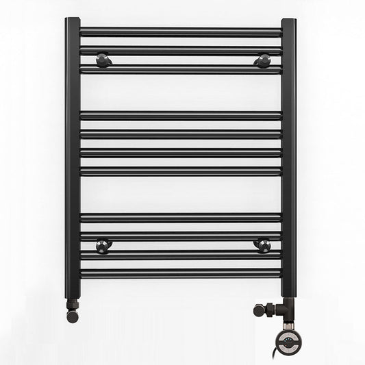 Dual Fuel 600 x 600mm Straight Matt Black Heated Towel Rail - (incl. Valves + Electric Heating Kit) 