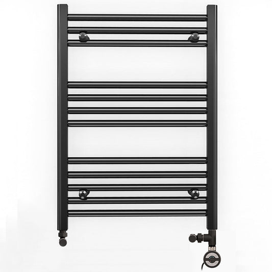 Dual Fuel 500 x 700mm Straight Matt Black Heated Towel Rail - (incl. Valves + Electric Heating Kit)